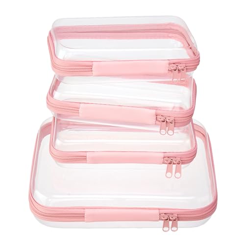 Image of WELPIRT 4 pcs Clear Zipper Pouches,Hard Shell Zipper Case, Toiletry Bag for Travel, CLear Diaper Bag, Toiletry Pouch, Travel Organizer, Cosmetic Bag,Toy Storage Bins (M+3S) (Light Pink)