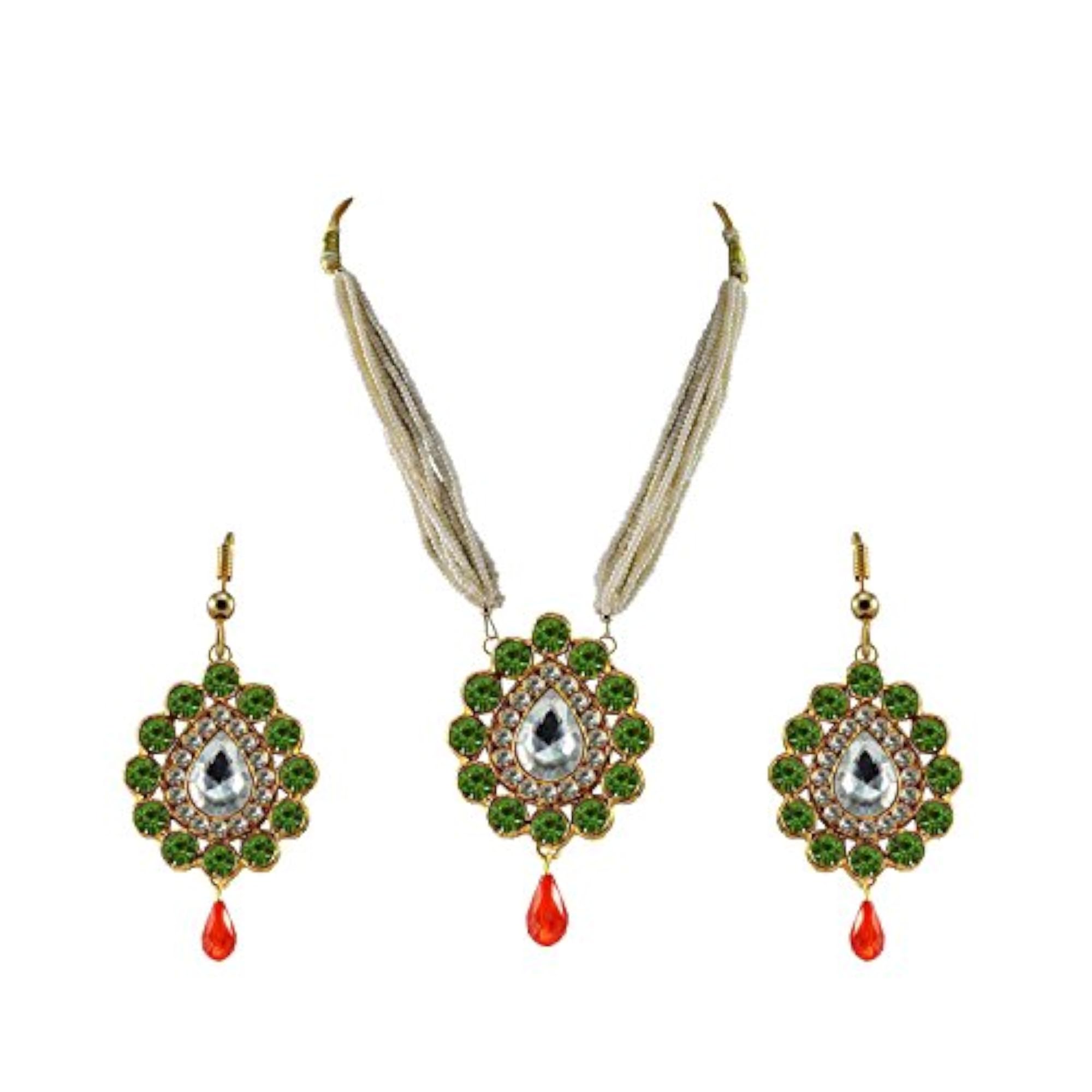 Women's Light Green Stone Brass Pendant Set, Platted