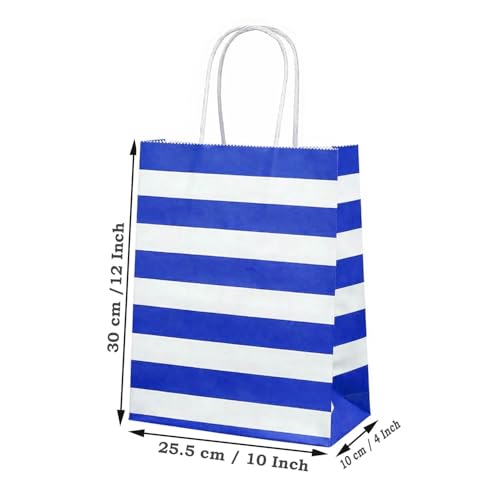 Image of Aakriti Striped Paper Gift Bags | Medium Size 10 x 4 x 12 Inches Gift Bags with Handles for Birthday Return Gifts, Party Favors & Shopping Mix Color Blue, Red, Yellow, Green & Black Pack of 50