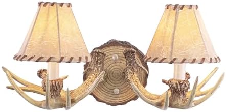 Lodge 2 Light Rustic Wood Antler Armed Wall Sconce Faux Leather Shade Noachian Stone