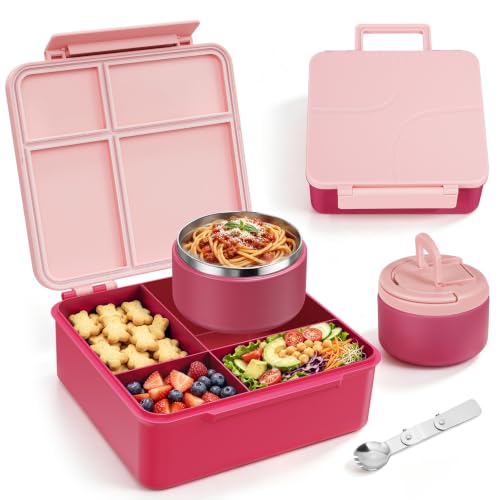 Image of MAXSO Bento Lunch Box Set for Kids with 8 oz Soup Thermo, Leakproof Hot Food Container with 4 Compartments, Insulated Food Jar for Toddler Daycare Boys Girls School - Pink