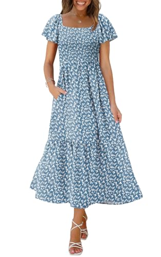 Image of OFEEFAN Summer Dresses for Women Square Neck Ruffle Sleeve Smocked Maxi Dress with Pockets