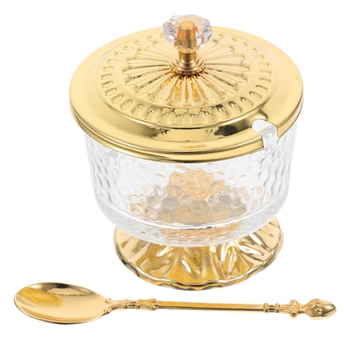 TEHAUX Azucarero de Vidrio con Tapa y Cuchara Recipiente Decorativo para Azúcar y Sal Frasco Boticario de Hierro para Cocina y Salón Funcional y Elegante