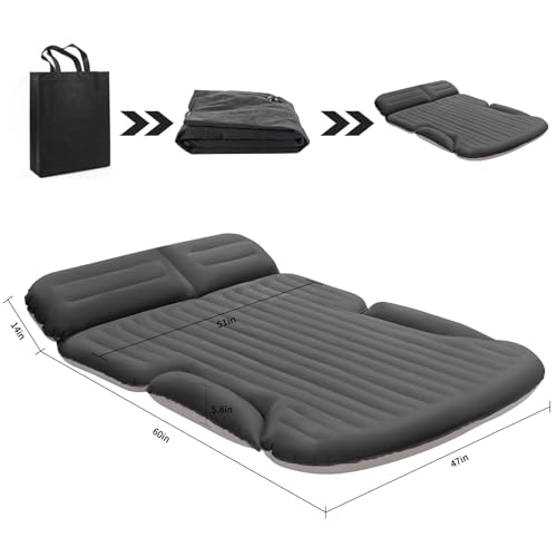 KMZ Auto Matratze, 2 Kissen Auto Luftmatratze, Doppelseitige Verdickte Beflockung Automatratze Camping Aufblasbaren Autobett für Kofferraum Rückbank (Dunkelgrau)