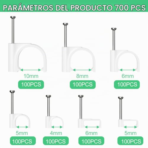 Miniatura 2 de Chiluxendo 500x Clips De Cable Redondos 200x Abrazaderas De Cables Cuadrado, Grapas Cable Pared, Clip Sujetacables Con Clavos De Fijación, Abrazadera De Clavo, 4mm 5mm 6mm 8mm 10mm, Blanco