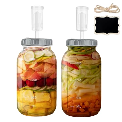 FARYODI Lot de 2 bocaux de fermentation de 1,9 l - Kimchi - Avec sas à air - Pour la fermentation du kimchi, de la choucroute, du levain, du levain, du kéfir - Verre de fermentation avec couvercle