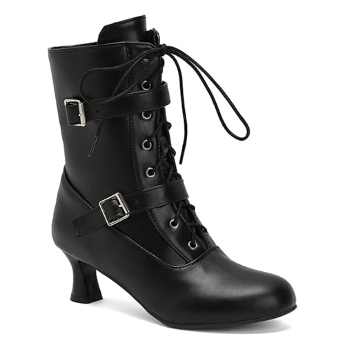 Alyaafifa Lace Up Ankle Boots for Women Kitten Heel 2 Inch Closed Round Toe Vintage Victorian Gothic Booties with Zipper Matte Leather Low Heel Short Fall Boots Comfortable Trendy