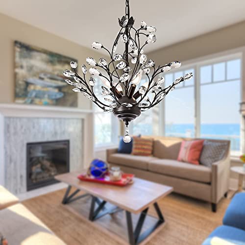 Maxax Vintage Crystal Branch Chandeliers, 4-Light Adjustable K9 Crystal Pendant Hanging Lighting Ceiling Light Fixtures Chandeliers For Dining Room, Living Room, Bedroom, Porch, Black #TOP3