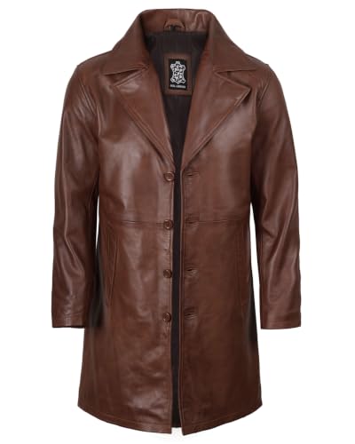 Image of Blingsoul Men's Leather Car Coat - Genuine Lambskin Long Leather Jacket for Men, Real Leather Coat with Lapel Collar
