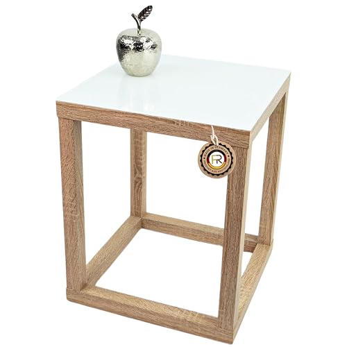 freeroom24, Beistelltisch, Wohnzimmertisch, Couchtisch, Coffee Table, Kaffeetisch, Blumenhocker, Blumensäule, Cube, Holzoptik Sonoma Eiche Nachbildung, Glas weiß, 50 x 50 x 60cm, Made in Germany