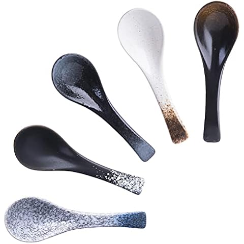 HUTNUOY Japanese Ramen Soup Spoons, Ceramic Asian Soup Spoon for Ramen Noodles Udon Pho Rice 5 Pcs Cover
