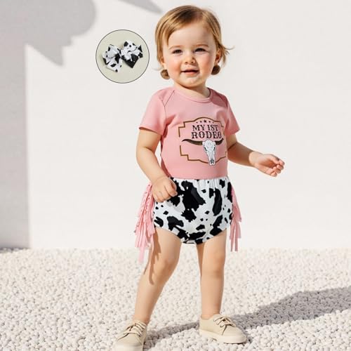 Western Baby Girl Clothes Cowgirl My 1st Rodeo Ruffle Romper Shirt Cow Print Bloomer Shorts 3Pcs Coming Home Outfit3