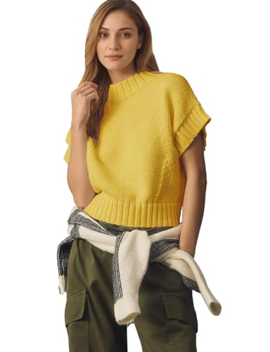 Image of Womens Mock Neck Cap Sleeve Sweater Vest Casual Solid Cropped Tank Tops Pullover Sweaters