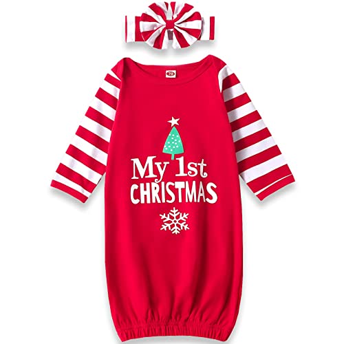 Image of AMAWMW Newborn Baby Girl First Christmas Outfit Sleepers Gowns Baby Girls 1st Xmas Nightgown Infant Striped Pajamas Sleepwear