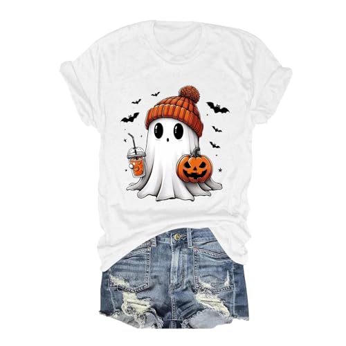 Generisch -2026 Camiseta casual de manga corta con estampado de Halloween para mujer, divertida, cómoda y elegante, Blanco, M