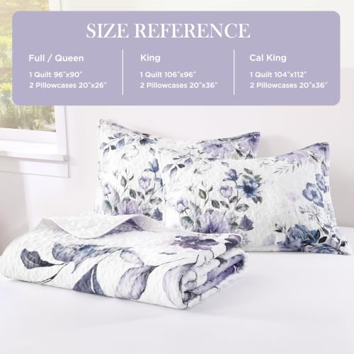 Image of Andency Floral Boho Quilt King Size Bedding Set Purple White, 3 Pieces Farmhouse Flower Botanical Summer Bedspreads with 2 Shams, Soft Reversible Lightweight Polyester Coverlet All Season, 106 inchx96 inch