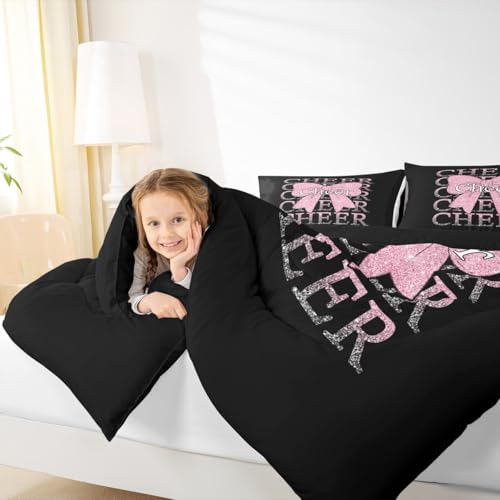 Image of Feelyou Cheer Bow Bedding Set Soft for Boys Girls, Cheerleader Comforter Set Full Size Funny Sport Duvet Quilt Microfiber Light Pink Bedroom Decor 3 Pcs with 2 Pillow Cases
