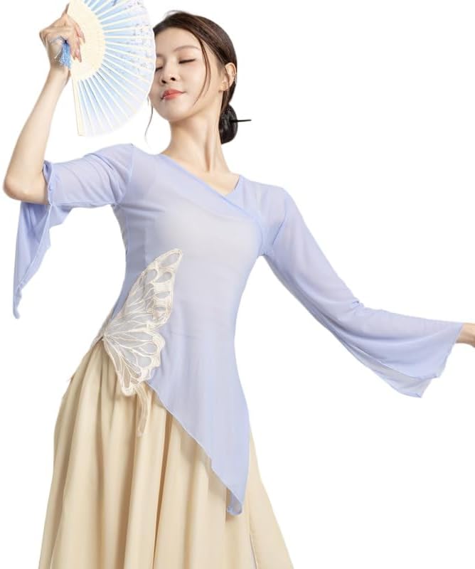 HEARTTOUCH Women Dance Tops Ballet Wrap Top Chinese Traditional Sheer Mesh Blouse Ruffle Sleeve Shirts Slim Fit Tops