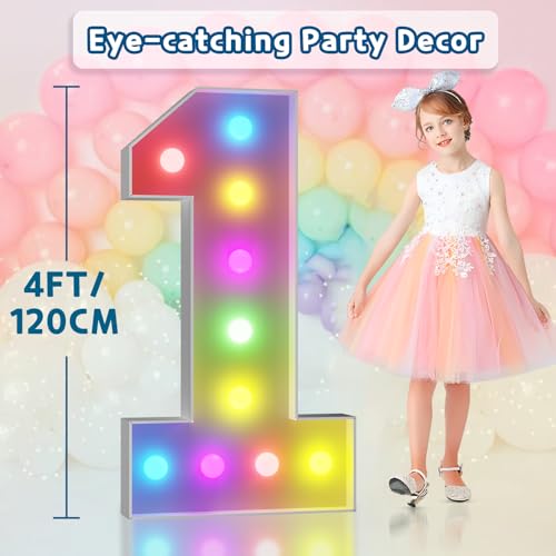 Image of Imprsv Colorful 4FT Marquee Numbers 1, 18 Colors Large Light up Numbers | RGB with Remote, Birthday Party Decorations Anniversary Wedding Decorations Assembly Required 21 Pcs Accessory Set