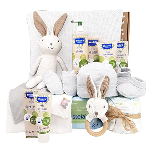 Mababyshop, Nature MabyBox, Tu Canastilla para Bebé más Ecológica, Set de Cremas Bio para Bebé, Manta Eco, Peluche y Sonajero de Algodón, Cesta Bebé Original (Crudo)