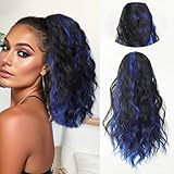 Drawstring Ponytail Extension 12 Inch Wavy Curly Breathable Fake Ponytail Hair Extensions Short Blue Synthetic Pony Tails Hair Pieces for Women