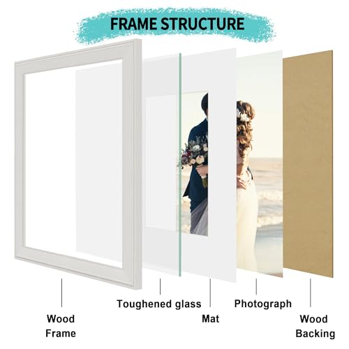 Image of iRahmen 11x14 Vintage Picture Frame with Mat 8x10 - High Definition Tempered Glass Wooden Photo Frames for Wall Mounting (Cream, Set of 4)