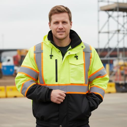 Image of sesafety Reflective Jacket for Men, High Visibility Jackets, Safety Jackets for Men, Hi Vis Construction Bomber Jackets Waterproof with Pockets and Zipper, Black Bottom, Class 3
