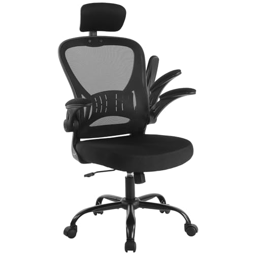 Image of Youhauchair Adjustable Mesh Ergonomic Office Chair with Wheels, Black | Flip-up Arm, Lumbar Support, Height Adjustable, Breathable, Rocking, Mid Back Swivel Compurter Chair with Headrest, Set of 1