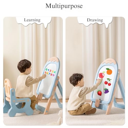 Image of Little Olive Kids Chair and Drawing Board with Easel Plastic Activity Table | Pastel Blue | DIY Creative Station for Toddlers and Preschoolers | Perfect for Drawing Writing and Studying