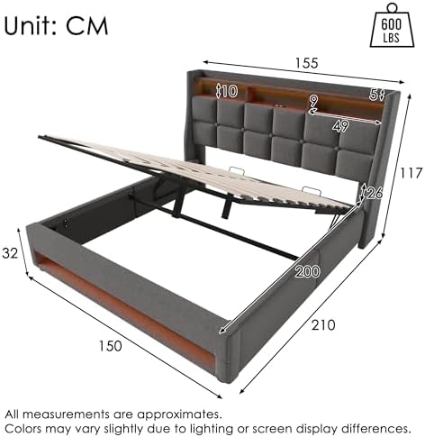 King size storage bed with gas lift mechanism showing under-bed storage space