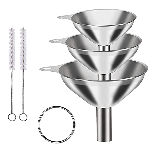 3 Piezas Embudo de Acero Inoxidable, Juego de Embudo de Cocina con 2 Cepillos de Limpieza de Mango Largo para Decantar Líquidos y Polvos, 4,5/5,5/7,5 cm