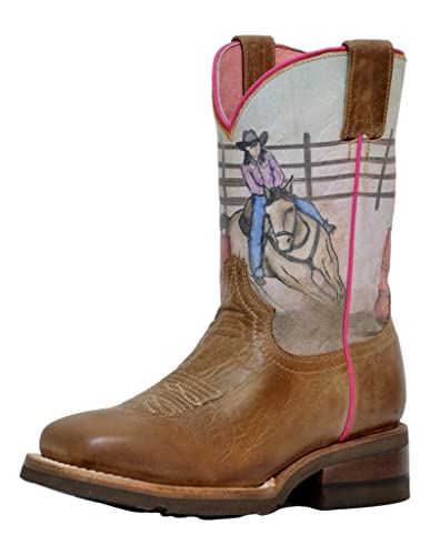 ROPER Girls Kids Brown Leather Barrel Rider Geo Cowboy Boots 11 - Main Image