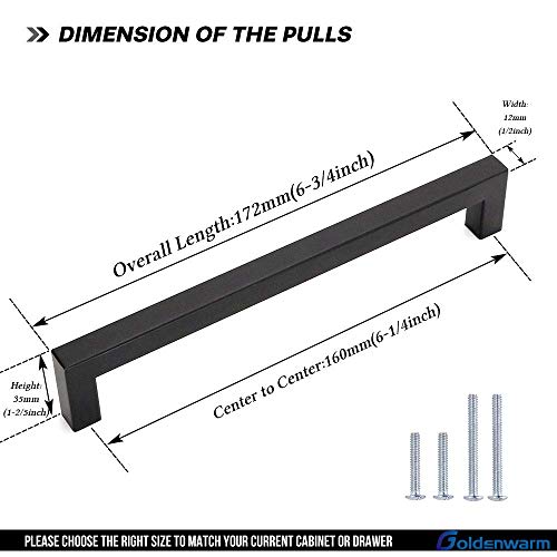 Goldenwarm 5 Pack Black Square Bar Cabinet Pull Drawer Handle Stainless Steel Modern Hardware For Kitchen And Bathroom Cabinets Cupboard,Center To Center 6-1/4In(160Mm) Handles For Kitchen Cabinets #TOP1
