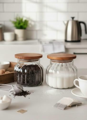 Image of SUANI Air Tight Bubble Glass Jar Container with Wooden Lid for Home and Kitchen | Odor Free Storage Jar | Jars For Cookies, Namkeen, Dry Fruits and Kitchen Storage, (500Ml) (Pack Of 2)