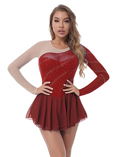 JanJean Women's Chiffon Mesh Splice Rhinestone Skirted Leotard Lyrical Dance Costume Figure Skating Dress Red X-Large