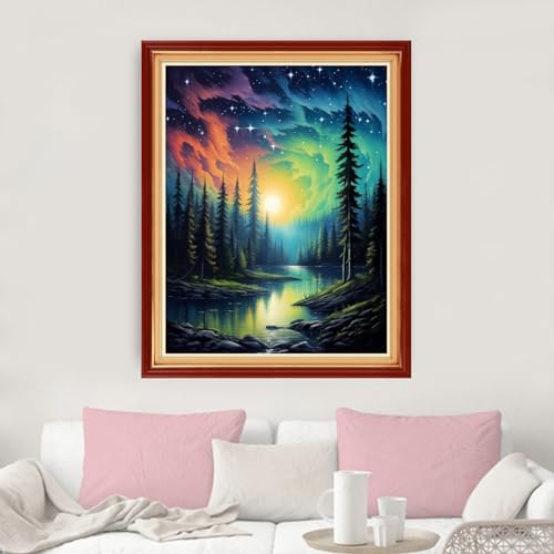 Image of Dimxvean Stamped Cross Stitch Kits,Cross Stitch Kits for Adults Beginners,Embroidery Kits Full Range of Cross Stitch Stamped Kits Needlepoint Kits Cross Stitch Patterns-Forest Aurora 16x20 inch