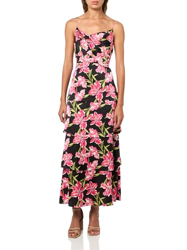 Anne Klein Damen Terrassenkleid mit Wasserfallausschnitt, Schwarz, Mehrfarbig/schwarz, 44