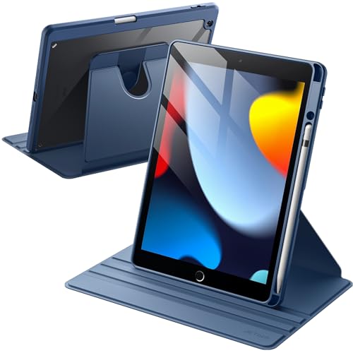 Image of JETech Rotating Cover Case for iPad 9 /8 /7 (10.2-Inch, 2021 /2020 /2019 Model, 9th /8th /7th Generation) with Pencil Holder, 360 Degree Rotation Protective Stand Cover Clear Back (Navy)