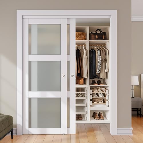 SMARTSTANDARD Sliding Closet Door, for 56'×80' Opening, Double Frosted 3 Panel Glass Sliding Door with Hardware Kit, Pre-Drilled Door Panel, Need to Assemble, MDF with PVC Surface, White
