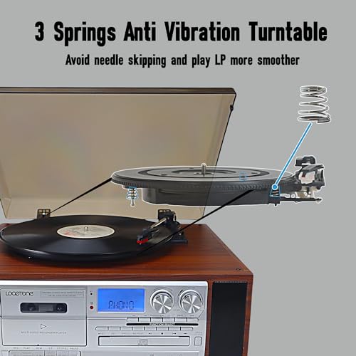 10 in 1 Vinyl Record Player 3 Speed Bluetooth Vintage Automatic Turntable CD Cassette Player AM/FM Radio USB Recorder Aux-in RCA Line-Out (Silver) - Thumbnail 4