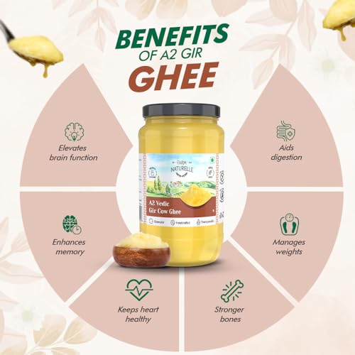 Image of Farm Naturelle-A2 Desi Cow Ghee from Grass Fed Gir Cows | Vedic Bilona Method-Curd Churned-Golden Ghee |Grainy & Aromatic, Keto Friendly, Lab Tested, Non-GMO Glass Jar-1000ml and a Wooden Spoon.