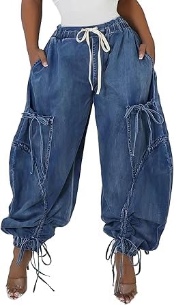 NRTHYE Women Baggy Cargo Jeans Joggers Drawstring High Waist Loose Harem Wide Leg Denim Pants Sweatpants with Pockets