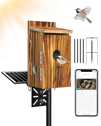 KinetCam Bird House with Camera Solar Powered,2K HD Wi-Fi Bird Watching, Auto Detect&Notify, Night Vision, APP Control, Birdhouse for Birds Nesting, Wooden Birdhouse with Cam Inside (Include Pole)
