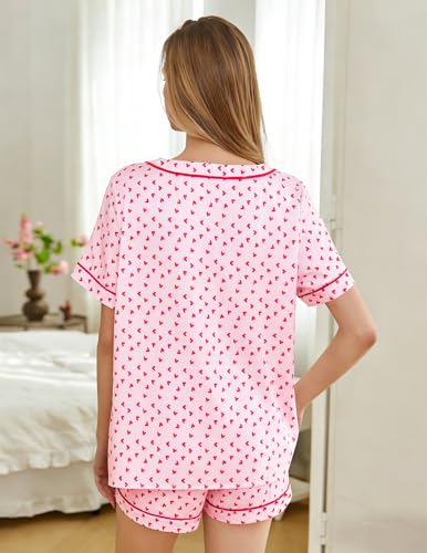 Image of ASTANFY Valentines Day Pajamas Women 2 Piece Silk Valentine Pjs Cute Heart Pajamas V Neck Satin Sleepwear Loungewear Set