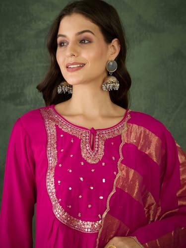 Image of Naixa Women's Chanderi Embroidered Flared Kurta with Pant and Dupatta Sets (NX-762)