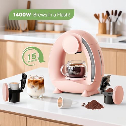 Image of DNESHY Mini Coffee Maker Machine (1 Piece, Compact Size), Single Serve Coffee Brewer for Ground Coffee & Pods, Portable Coffee Machine with Cup, Fast Hot Coffee Maker for Home & Office (Pink)