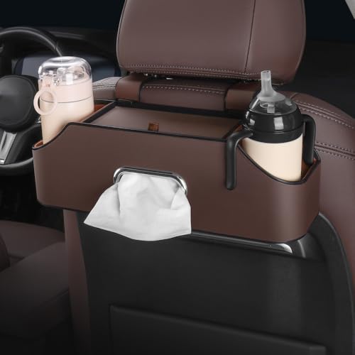 HAOTULE New car headrest Rear seat Multifunctional Storage Box, partition Design, with Cup Holder, Tissue Box, headrest Hook, Suitable for Children and Adults, car Travel Accessories(Coffee Color)