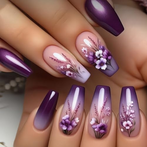 24Pcs Purple Press on Nails Coffin Medium Fake Nails with Flower Gradient Designs Spring Nails Press ons Glossy Glue on Nail Dark Purple Acrylic Nail Floral Stick on Nail for Women