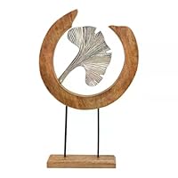 Topshop24you Dekorativer Holzaufsteller mit silbernem Ginkgo-Blatt | Moderne Tischdeko aus Holz & Metall, Natur-Optik, Geschenkidee