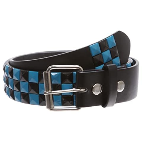 Snap On Punk Rock Black & Azure Blue Star Studded Checker Board Leather Belt, black/azure blue | m 33"-35" Cover